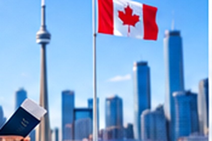Traveller holding a passport in front of a city skyline